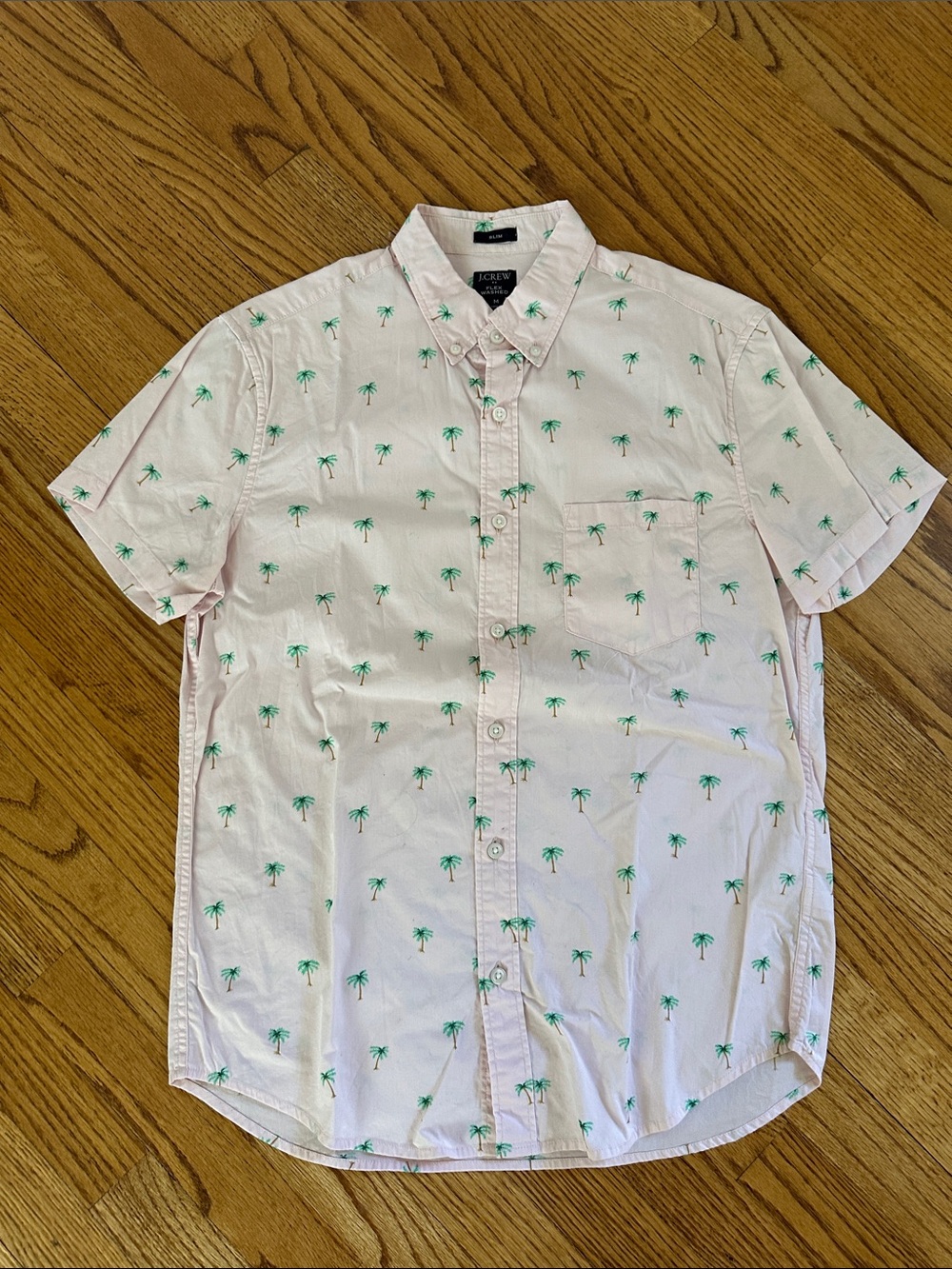 J. Crew Pale Pink Short-Sleeve Button-Down with Green Palm Print